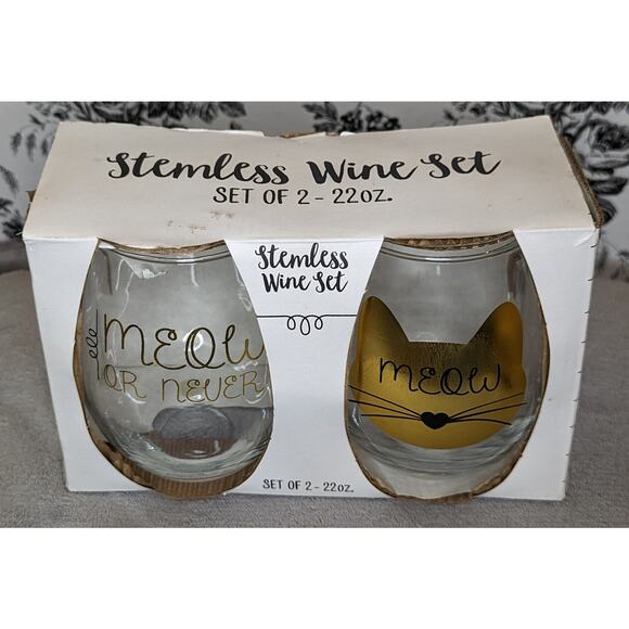 NWT Meow Or Never Gold Black Cat Kitten Stemless Wine Glass Set 22 oz - Picture 3 of 6